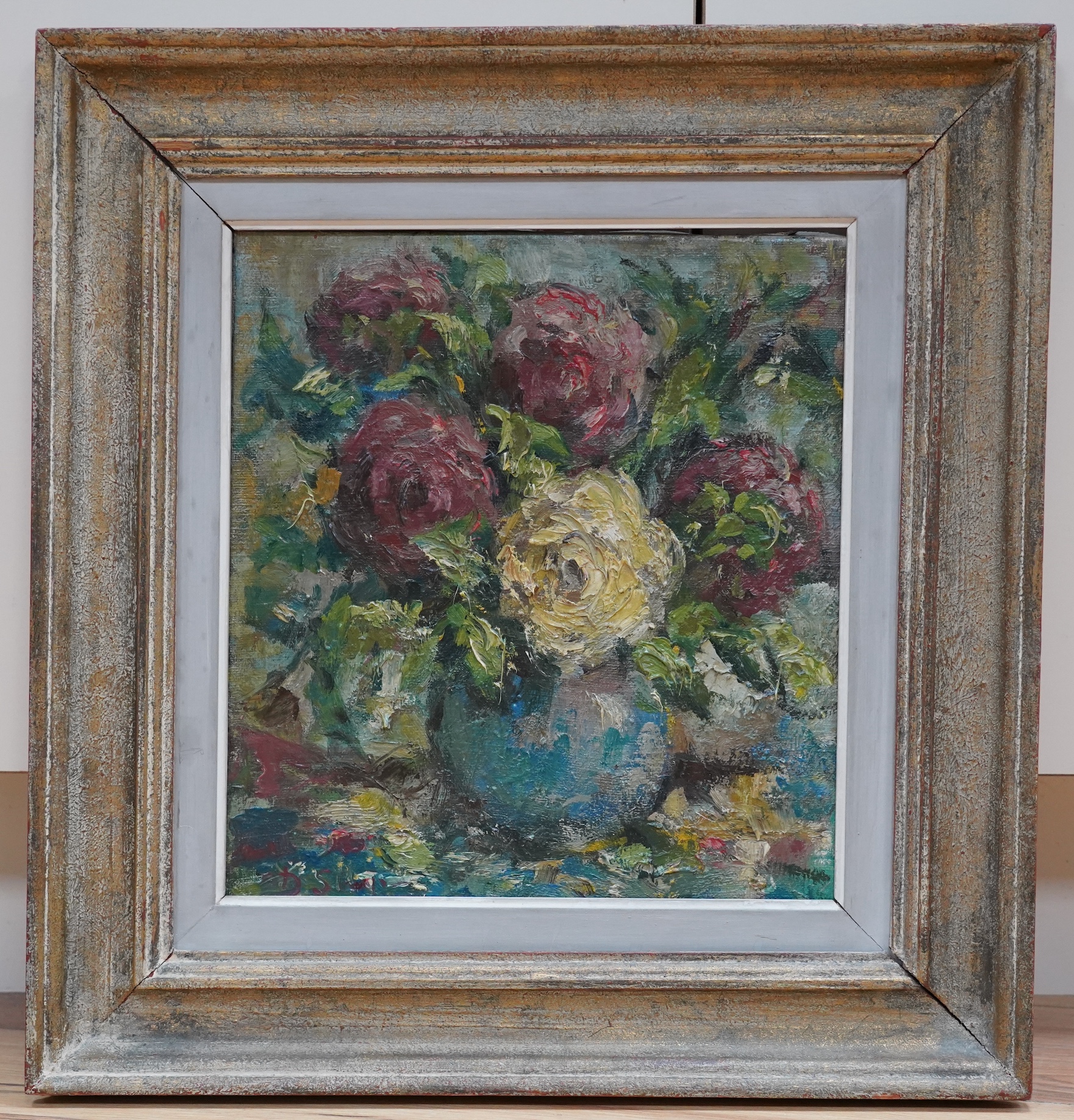 After Dorothea Sharp, impasto oil on canvas, Still life of roses in a vase, bears signature, 33 x 30cm